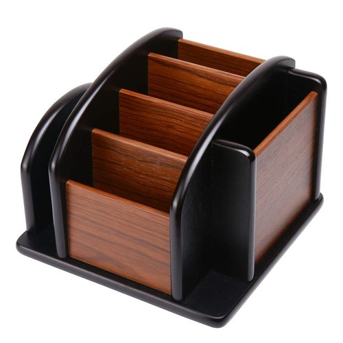 Wooden Desk Organizer, Desktop Office Supplies Storage Remote Control Caddy H...