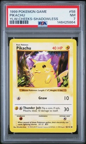 PSA 7 PIKACHU (Yellow Cheeks) 58/102 Shadowless Base Set 1999 - Pokemon Card