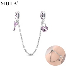 MULA Heart Lock Safety Chain DIY Charm 925 Sterling Silver CZ For Women Bracelet