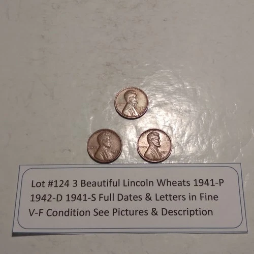 Lot #124 3 Beautiful Lincoln Wheats 1941-P 1941-D 1941-S Fine-VF See Pictures