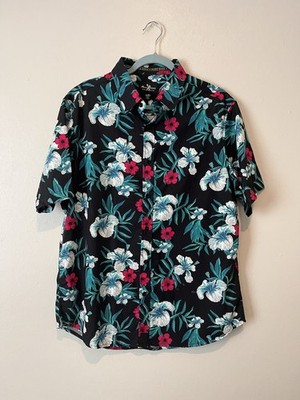 Marc Ecko Cut & Sew Hawaiian Floral Shirt Black Tropical Button Up XL Cotton