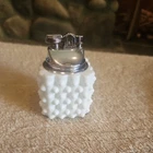 Vintage Fenton Milk Glass Hobnail Chrome Table Top Lighter  3.25" Tall