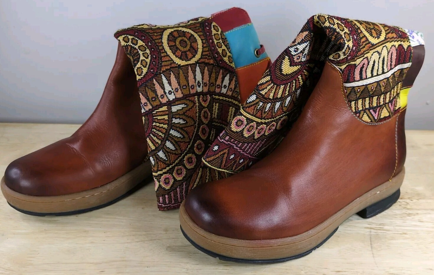 Socofy bohemian splicing pattern womens brown leather boots size EU 38 US 7.5