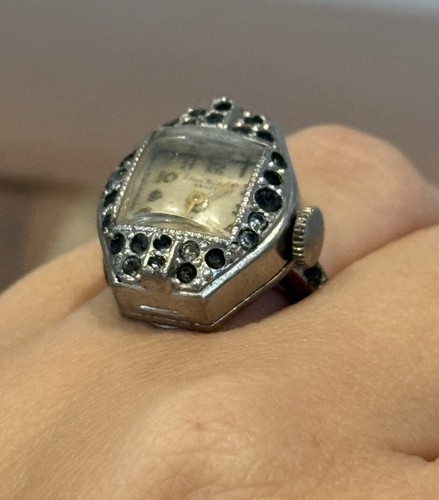 Anello Orologio Vintage Edna Watch Company Geneva 17 Jewels Regolabile *Non Funzionante - Foto 6 di 7