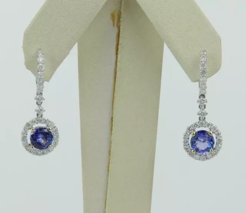 14K White Gold Plated 2Ct Round Lab-Created Blue Tanzanite Diamond Drop Earrings - 第 2/5 張圖片