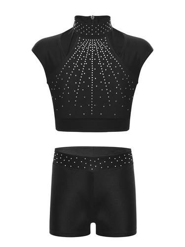 Kids Girls Outfit Set 2 Piece Jazz Crop Top Dancewear Shorts Active Gymnastics - Picture 6 of 85