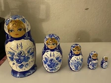 Vintage Blue Wooden Russian Nesting Dolls, Set of 5 Hand Painted