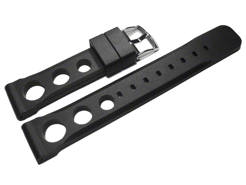Bracelet de montre silicone perforé noir 18mm 20mm 22mm 24mm NEUF - Photo 1/2
