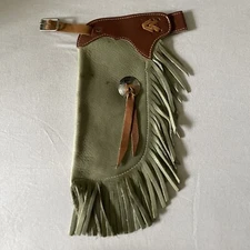 B Bar B Blackfoot ID Western Chaps Chink 6" Fringe Leather Buckskin Green Brown