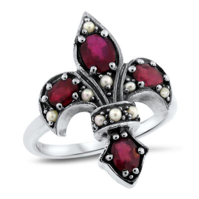 NATURAL RUBY PEARL FLEUR-DE-LIS 925 STERLING SILVER ANTIQUE STYLE RING      592X