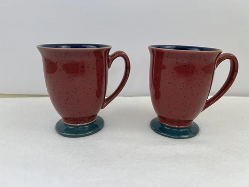 Set of Two Denby Harlequin Footed Mugs Cups Coffee Tea Stoneware England Vintage