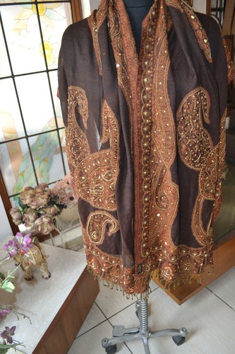 Bufanda de lentejuelas con estola de jamavar con cuentas a mano 100 % cachemir pashmina chal de diseñador - Imagen 38 de 56