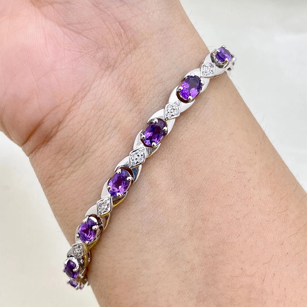 Ctw Lab Created Amethyst 14K White Gold Plated Tennis 4X6 MM