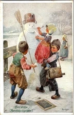 New Year Snowman Artist Signed Antique Postcard R.A. Hoger German JO5