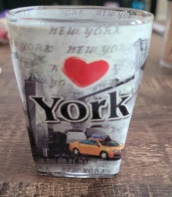 New York City Souvenir Shot Glass I Love NY Yellow Taxi Cab Collage Great Cond