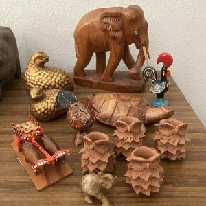 12 Vintage Elephant, Rooster, Etc Figurine Lot Wood, Metal, Ceramic Carved Boho