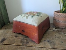 Vintage Tapestry Floral Stool Pine Base Rose Tapestry Top Footstool Original Old
