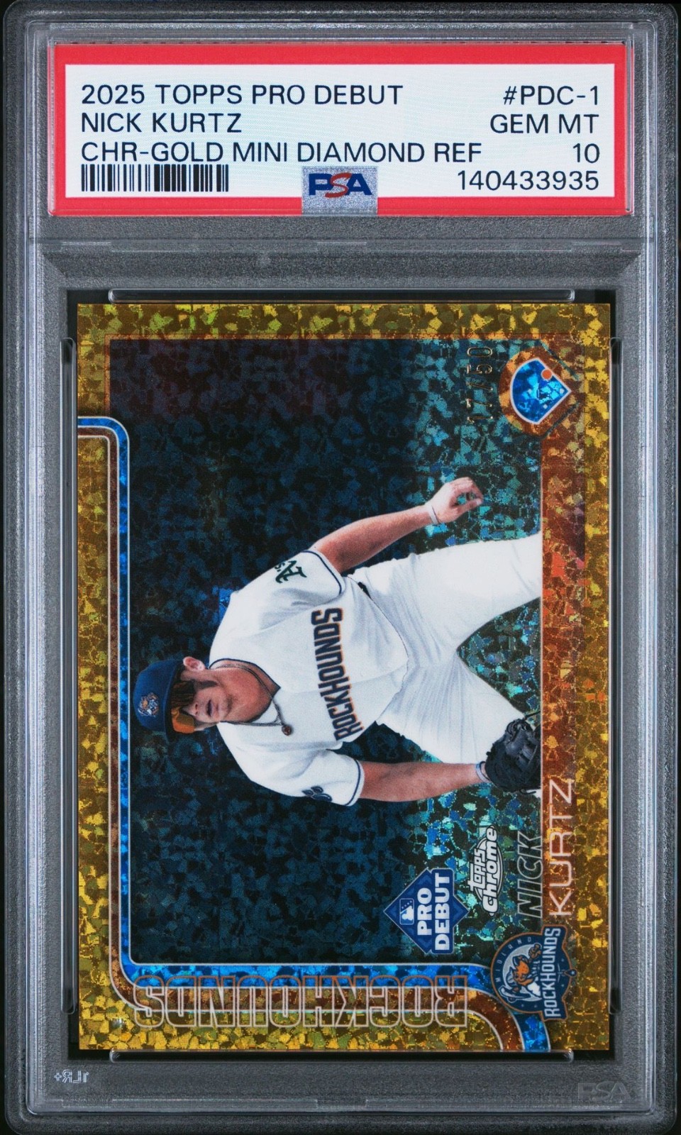 2025 Topps Chrome Pro Debut Nick Kurtz Gold Mini Diamond /50 #PDC-1 PSA 10 Gem
