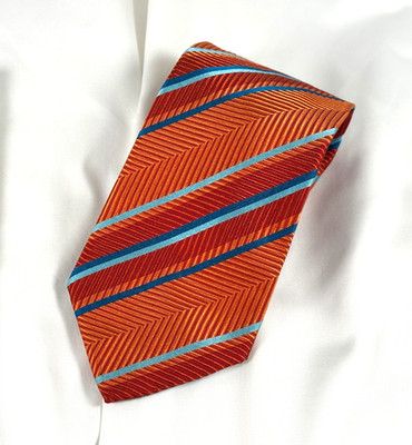 Bugatchi Uomo Tie, Orange Blue Stripes, Classic Sharp Dapper, Italy, silk