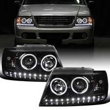 for 2002-2005 Ford Explorer LED Dual Rims Projector Headlights Pair Gloss Black