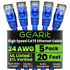 Cat 6 Ethernet Cable Pack - 5-Pack 20 ft Cat6 Ethernet Patch Cables  RJ45 Ne...