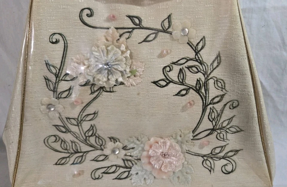 De colección Rialto NY Bordado Flor de Seda PVC Superposición Mango Lucite PARA REPARACIÓN Foto 3 de 4