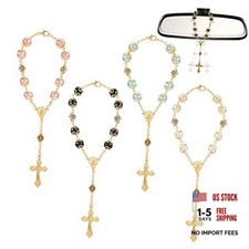 4Pcs Car Pendant Rosary Beads Catholic, Cross Car Rearview Mirror Hanging