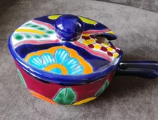 Mexican Hand-crafted Authentic Talavera Pottery Lidded Bean Pot  Colorful  5 in