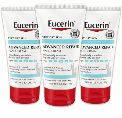 3 Pack Eucerin Advanced Repair Hand Cream-2.7oz ea -For Very Dry Skin Unscented