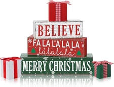 Geelin 4 Pieces Merry Christmas Wooden Table Decorations Xmas Wood Gift Boxes De