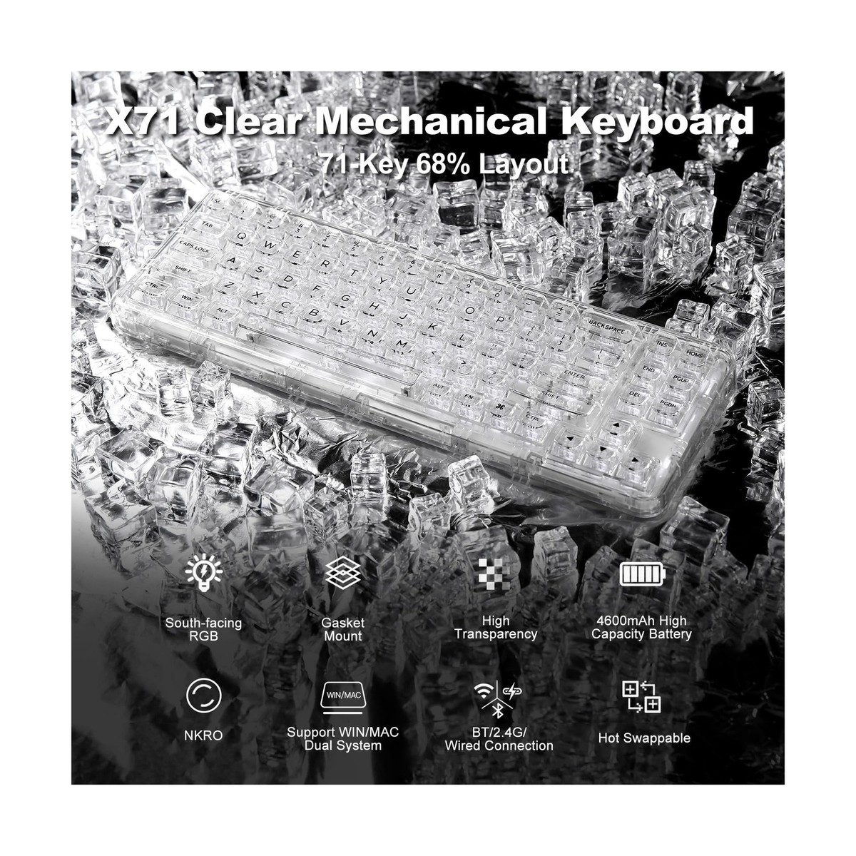YUNZII X71 transparante mechanische toetsenbord met duidelijke Keycaps, BT5.0/2.4G/USB-C,68% Lay-out, pakking Mount draadloze RGB-toetsenbord voor Win/Mac (blauw, crystal ice YUNZII X71 transparante mechanische toetsenbord met duidelijke Keycaps, BT5.0/2.4G/USB-C,68% Lay-out, pakking Mount draadloze RGB-toetsenbord voor Win/Mac (blauw, crystal ice