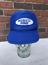 Vintage 80s Peerless Pump Patch Trucker Cap Hat Blue White Mesh Back Snapback 