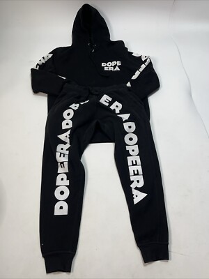 DOPE ERA men's hoodie sweatpant set size Medium Black cotton stretch logo  Y2K