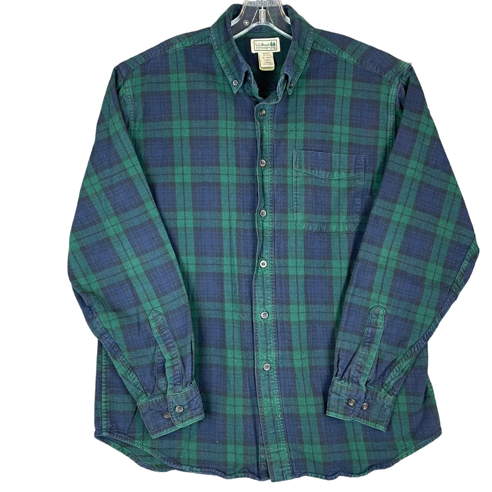 L.L. Bean Flannel Shirt Men's M Green Blue Plaid Button Front Long Sleeve Pocket