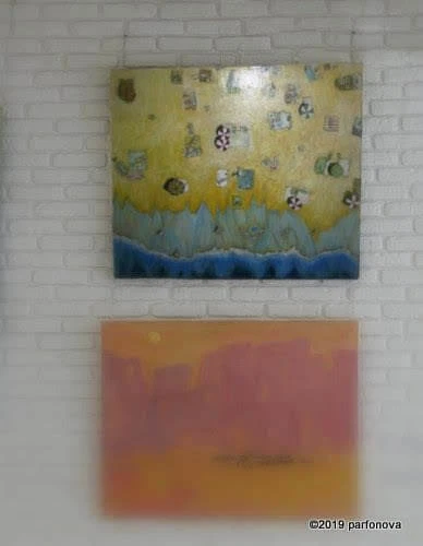 BIG Abstract original Romantic Golden Sunny Beach Ocean Sunbathers Panorama AYA - Picture 9 of 12