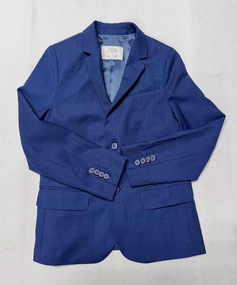 ZARA Kids Suit Blazer Jacket Boys Size 8 Wool Blend Tailored Fit Blue - Image 3 of 4