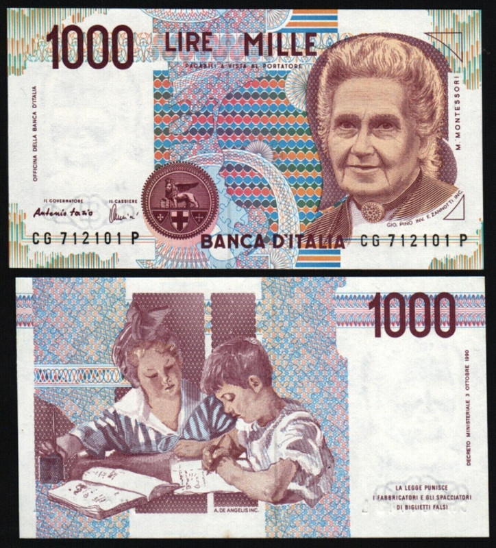 Italy 1000 LIRE P-114 1990 Maria Montessori UNC Pre Euro Italian Currency NOTE