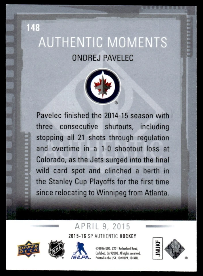 2015-16 SP Authentic Moments Ondrej Pavelec Winnipeg Jets #148 - Image 2 of 2