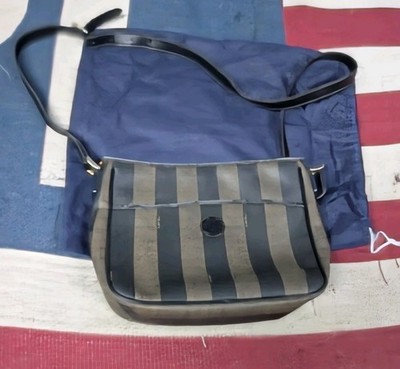 Vintage Fendi Pequin Stripe Coated Canvas & Leather Crossbody Shoulder Bag Brown