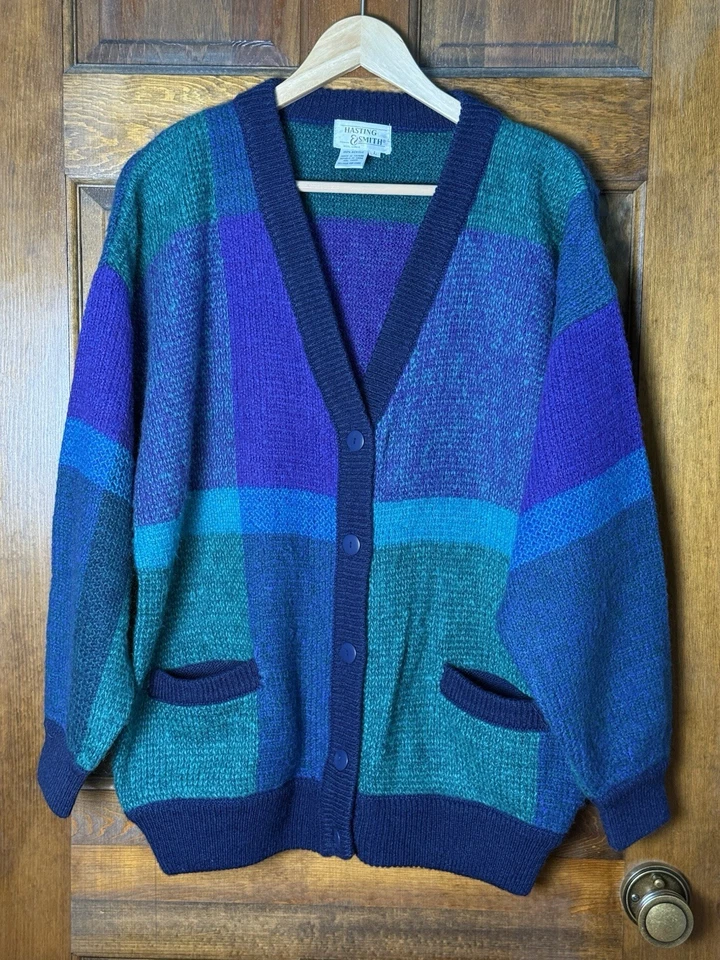 Cárdigan Suéter Vintage Años 80’s/90’s Acogedor Retro Bloque de Color Cuello en V Talla Grande Foto 3 de 4