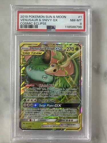 2019 POKEMON SUN & MOON COSMIC ECLIPSE #1 VENUSAUR & SNIVY GX PSA 8