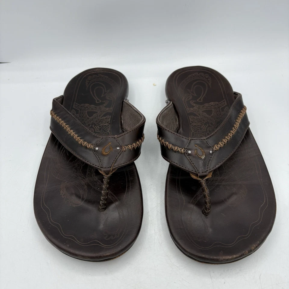 OluKai Sandals Mens Size 10 Mea Ola Brown Leather Embroidered Slide Flip Flop - Image 3 of 4