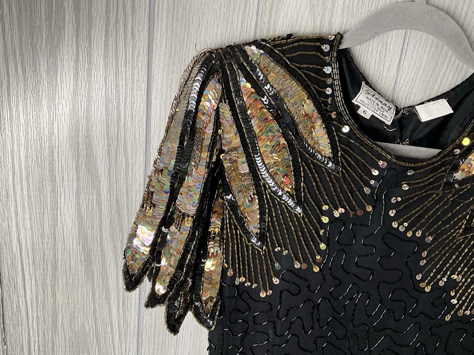 Vestido Gatsby Vintage Años 80 Stenay Lentejuelas Cuentas Glamour Aleta Negro Dorado Talla 6 Foto 3 de 4
