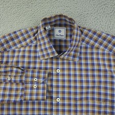David Donahue Shirt Mens Medium Blue Brown Check Plaid Cotton Button Front