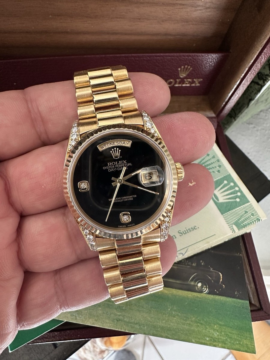 Rare Rolex Day-Date 18k YG Factory Onyx Diamond Dial Ref 18338