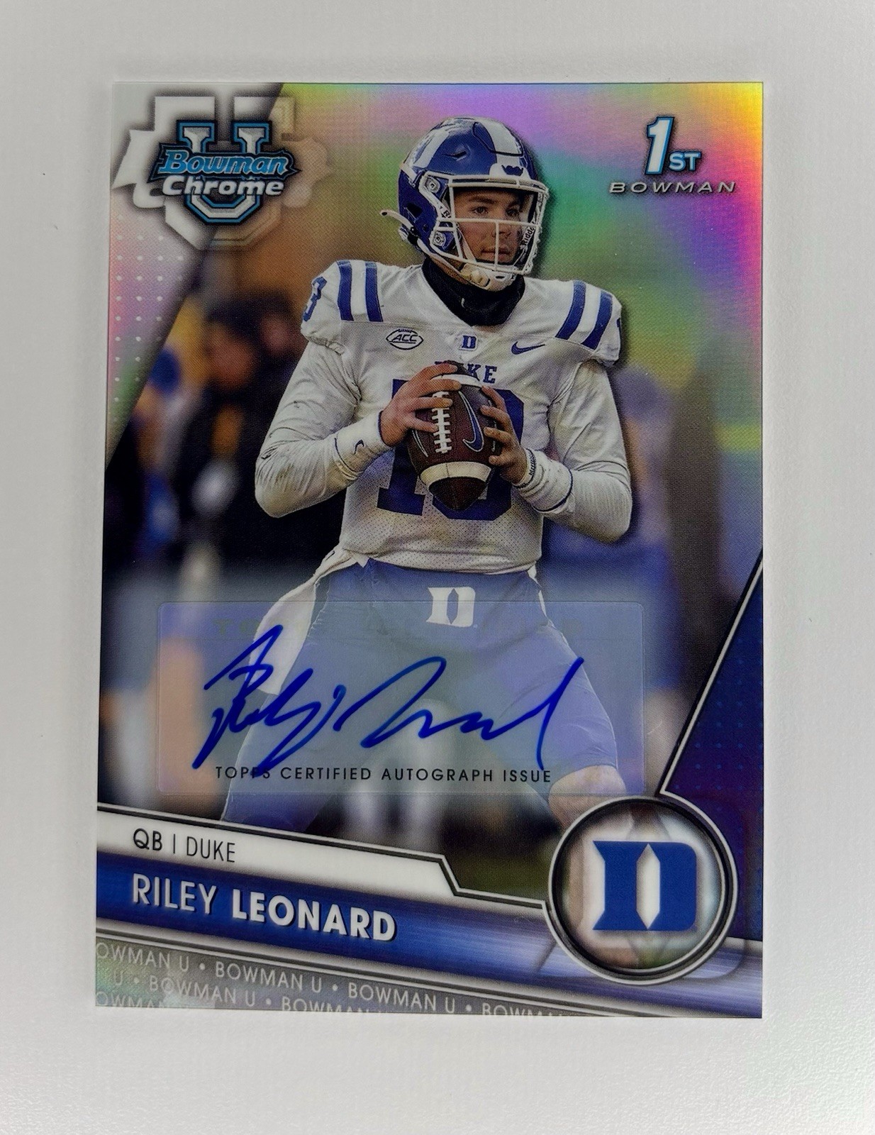 Riley Leonard 2023 Bowman Chrome University #6 Refractor Auto /499 1st Rookie
