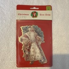 1991 Christmas Tree Trim Santa Claus Ornament Cardboard Vintage Hanging