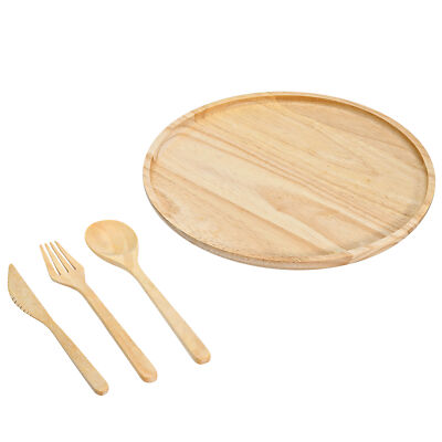 Unique Circle Shaped Plate and Utensils Natural Rubber Tree Wood 4pcs