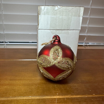 2 New Pottery Barn Small Red Gold Beaded Sphere Christmas Ornaments 3.25''