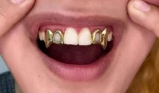 Custom 14K Gold Plated Upper Top Teeth Double Open Face Vampire Fangs Grillz Set